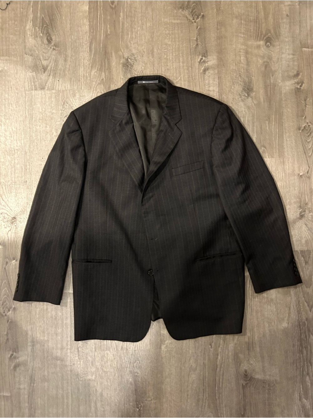 Hickey Freeman Black Pinstripe Suit Jacket 46R Notch Lapel Wool